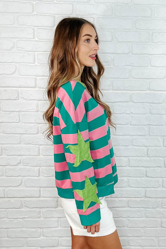 Stars On Stripes Patchwork Striped Sweatshirt