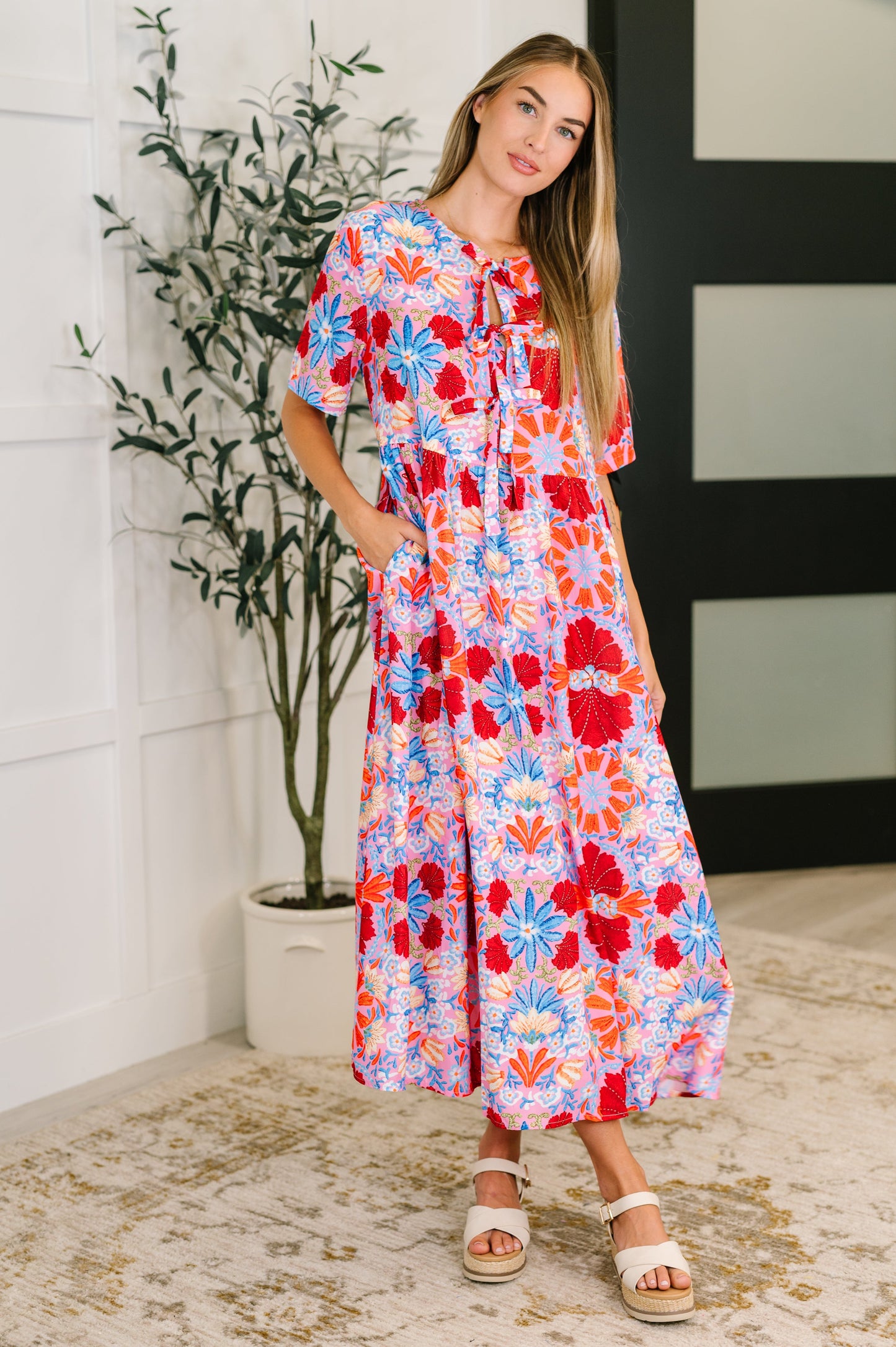 PREORDER: Half Sleeve Poplin Woven Dress in Pink and Blue Floral