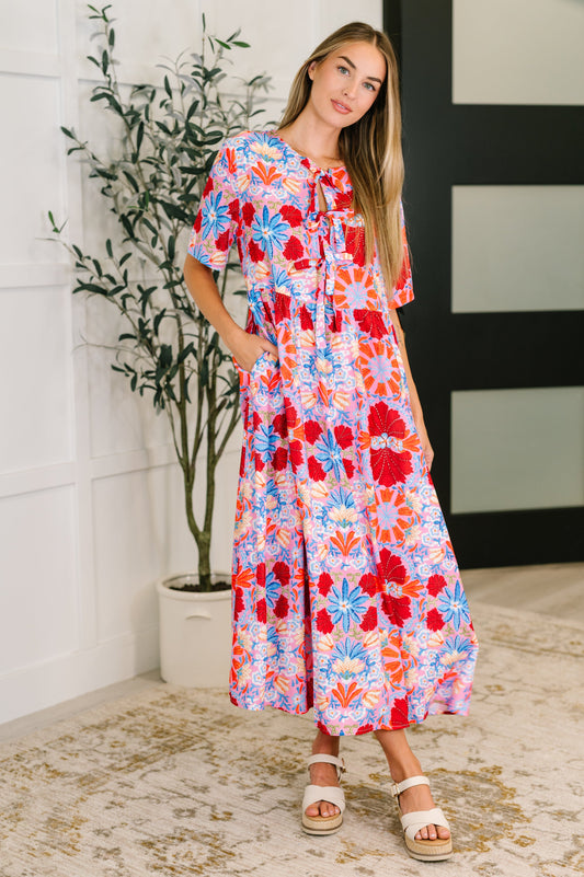 PREORDER: Half Sleeve Poplin Woven Dress in Pink and Blue Floral