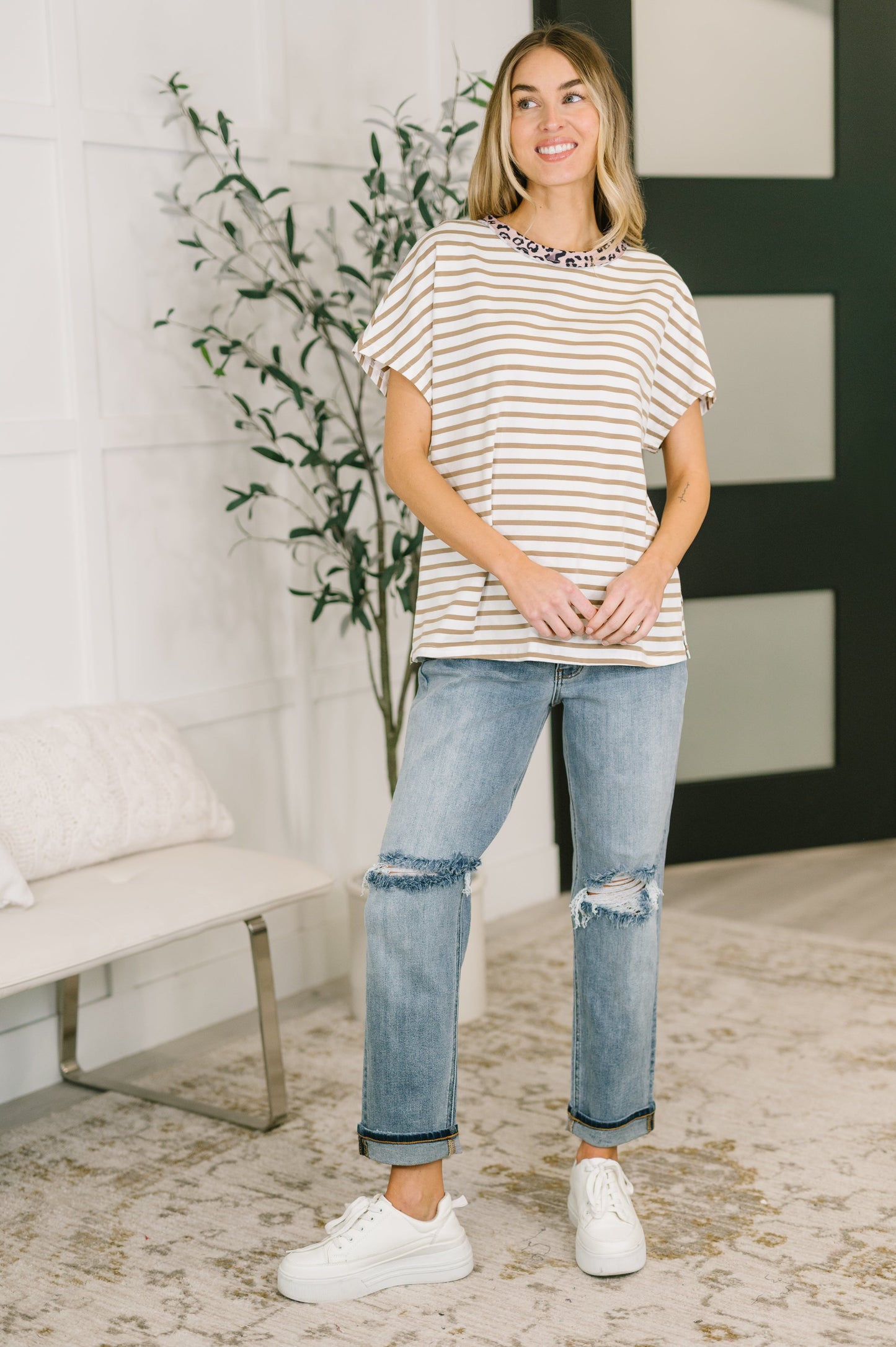 I Think I'm in Love Round Neck Loose Tee in Khaki Leopard