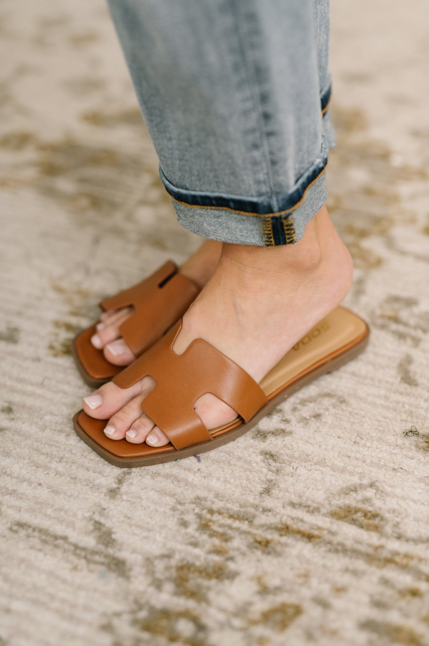Knit Square Toe Slide on Sandal in Cognac