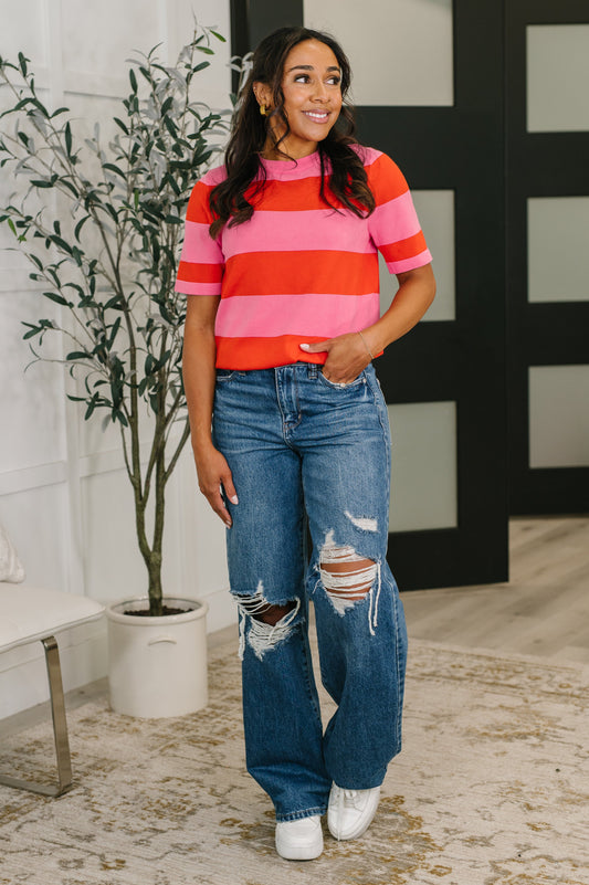 Known for a While Knit Blouse in Pink and Red