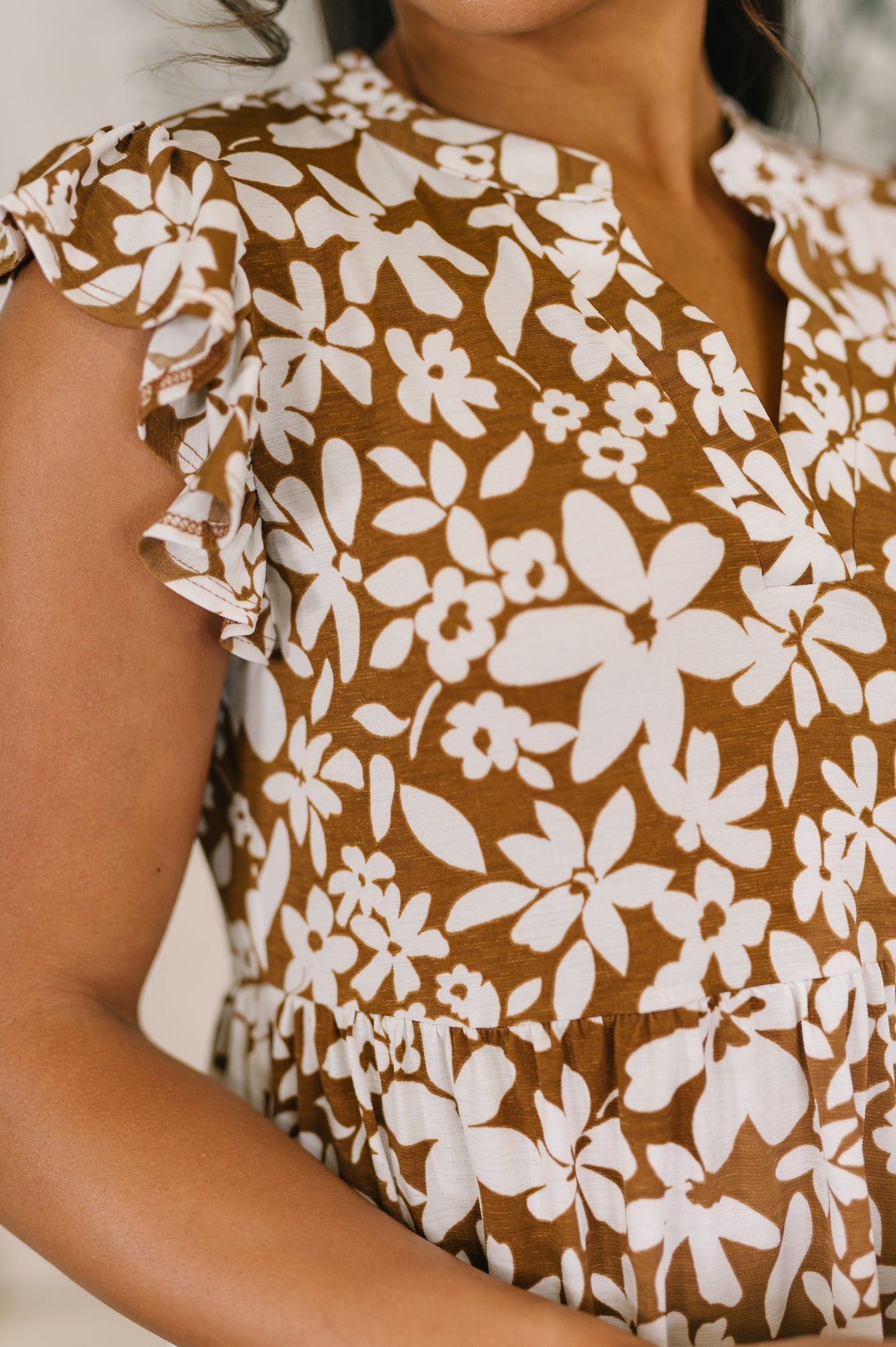 Lizzy Forever Flutter Sleeve Dress in Basic Mocha and White Floral