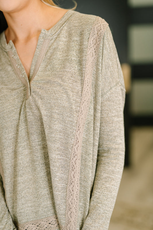 Never Been So Sure Lace Accent Henley Top in Taupe