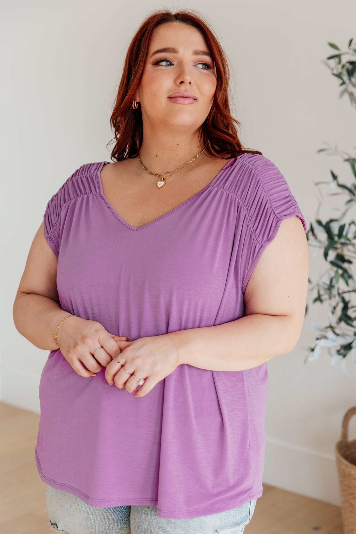 Ruched Cap Sleeve Top in Lavender