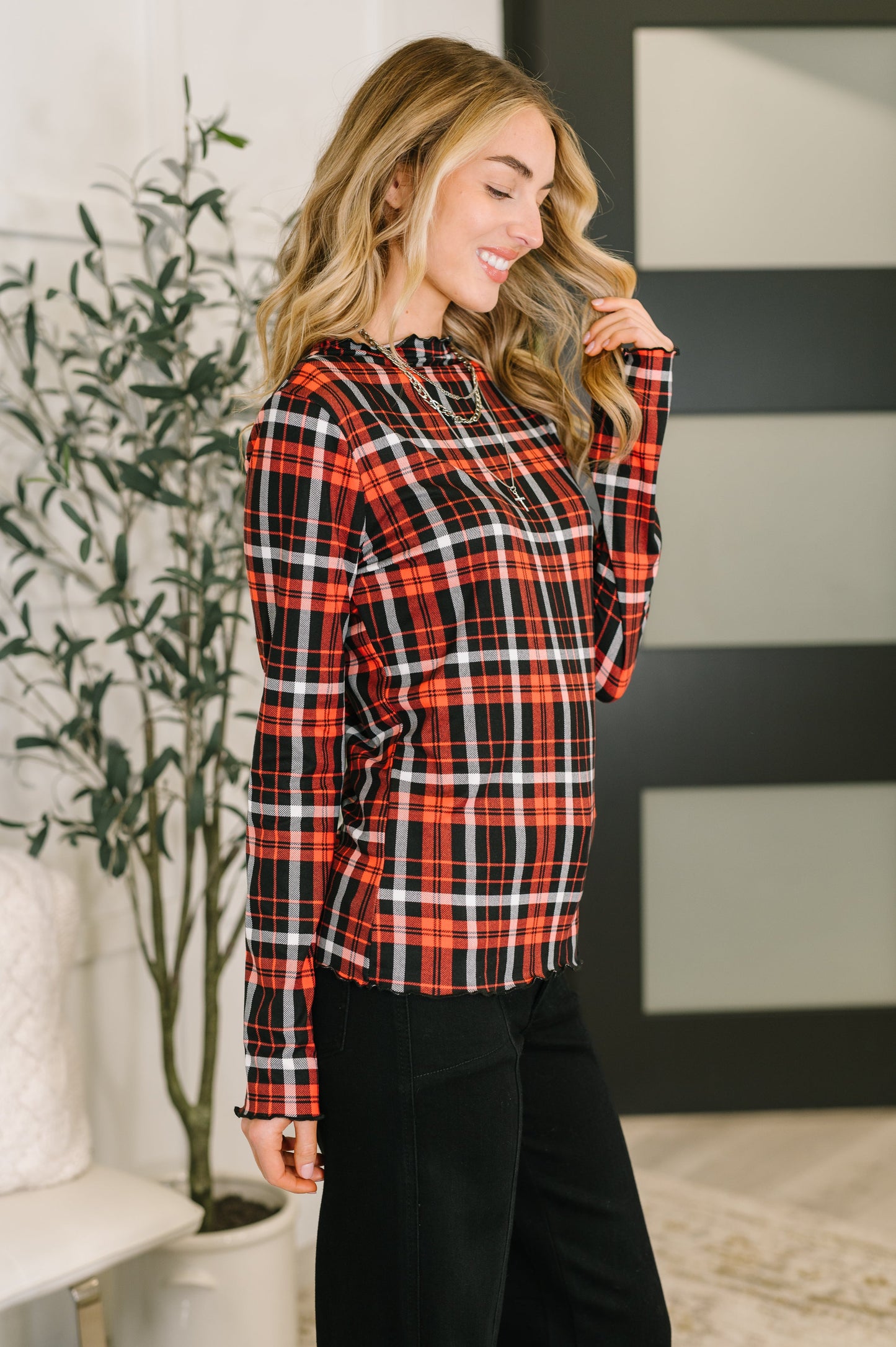 She's Always Changing Plaid Lettuce Hem Top