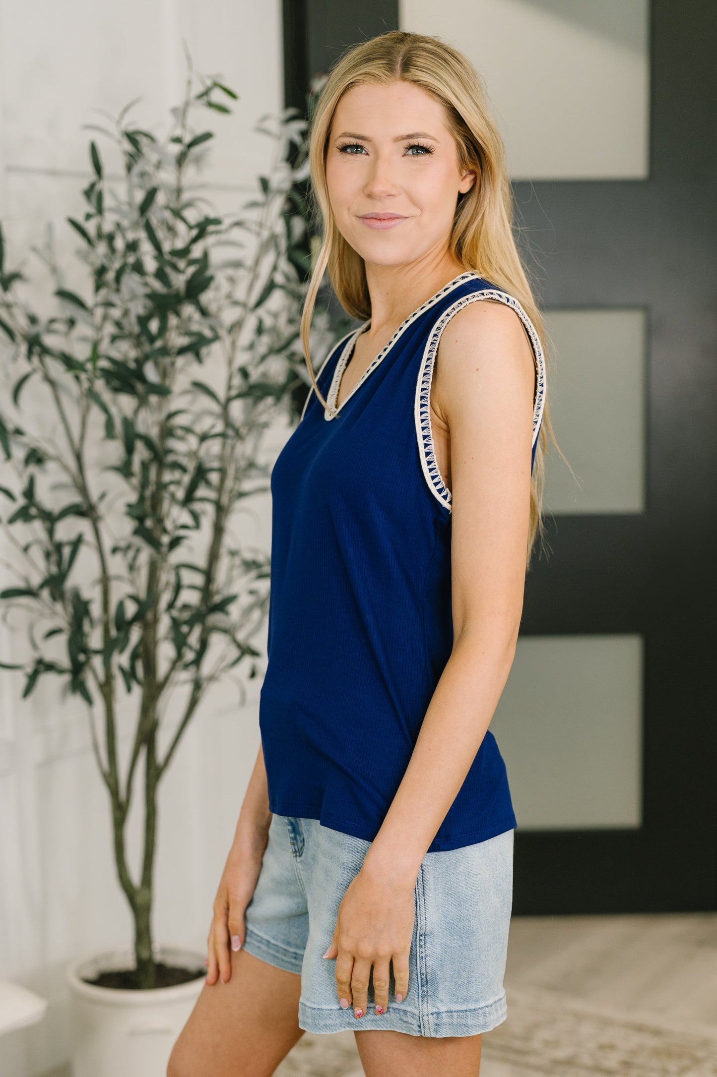 Whisper Trim Detailed V-Neck Tank in Navy