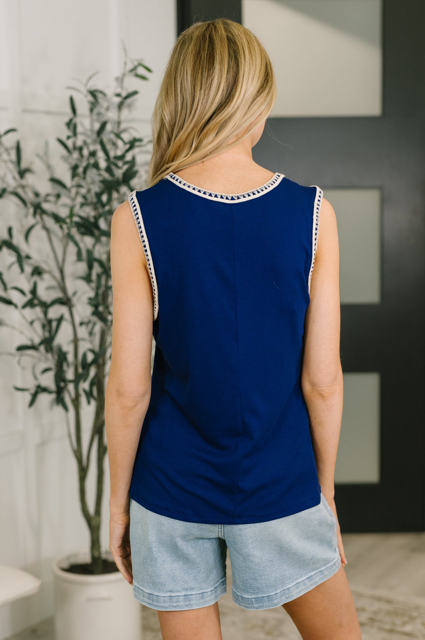 Whisper Trim Detailed V-Neck Tank in Navy