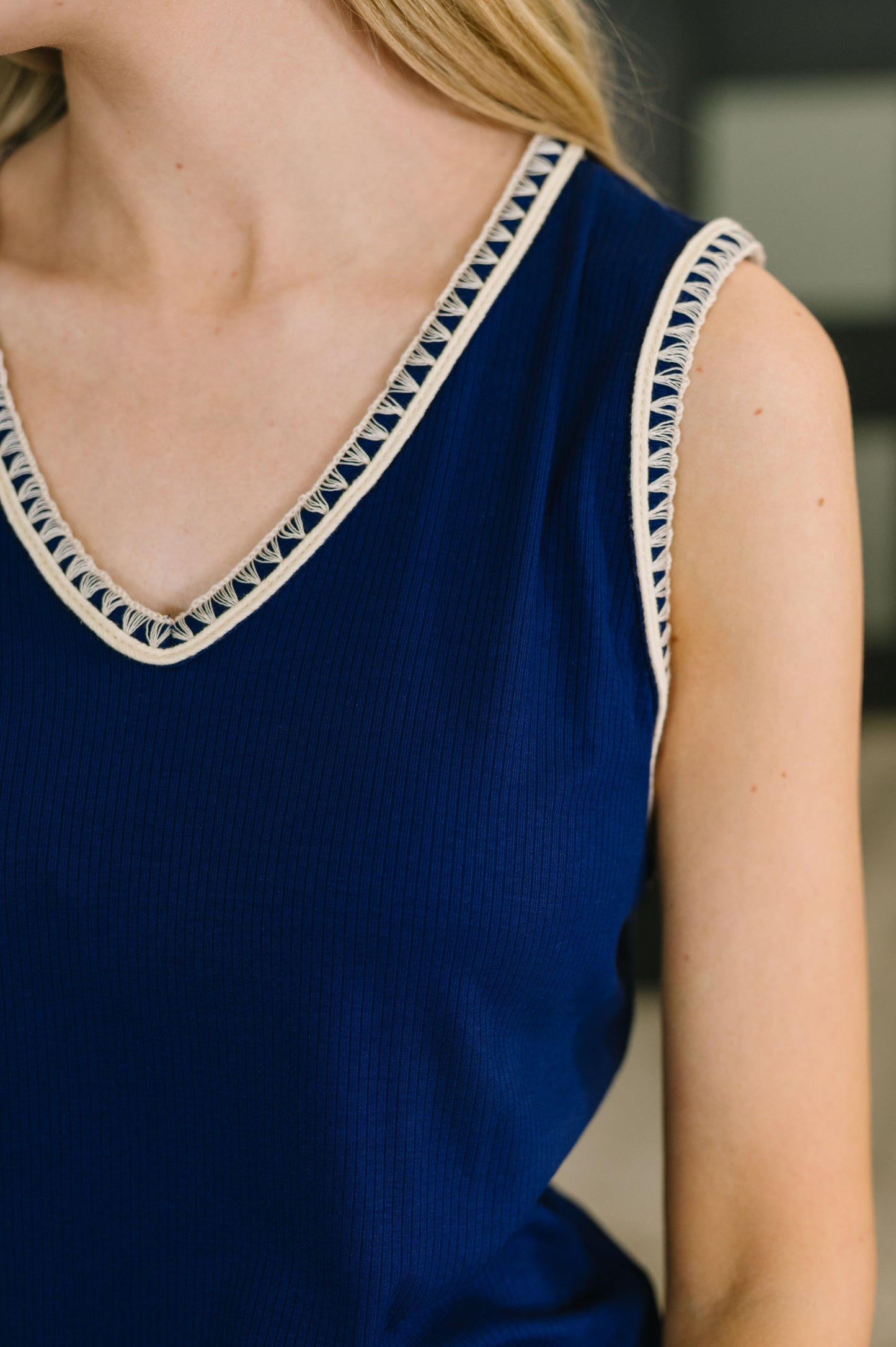 Whisper Trim Detailed V-Neck Tank in Navy