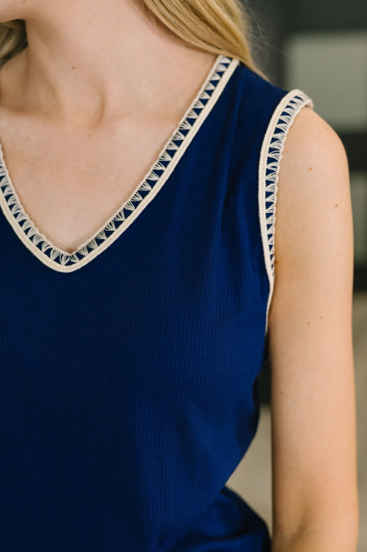 Whisper Trim Detailed V-Neck Tank in Navy