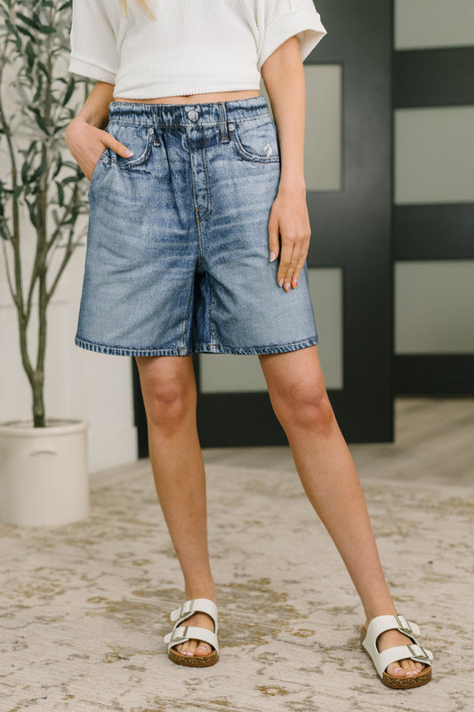 Zenim Printed High Waisted Shorts in Classic Denim