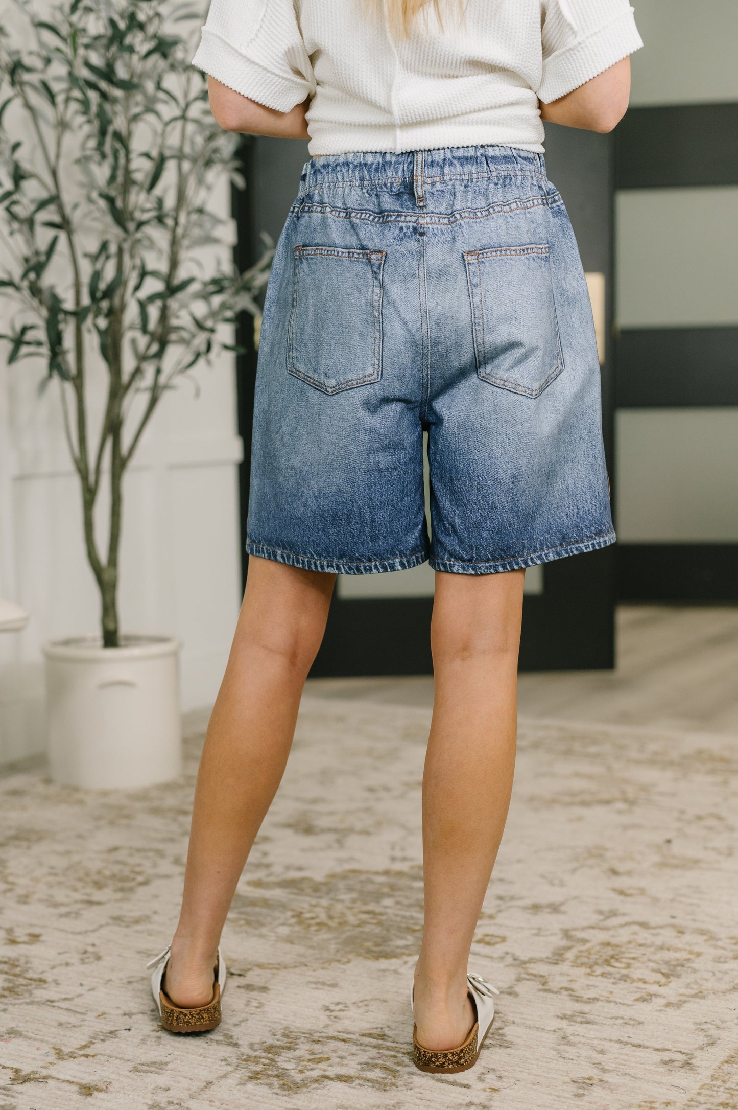 Zenim Printed High Waisted Shorts in Classic Denim